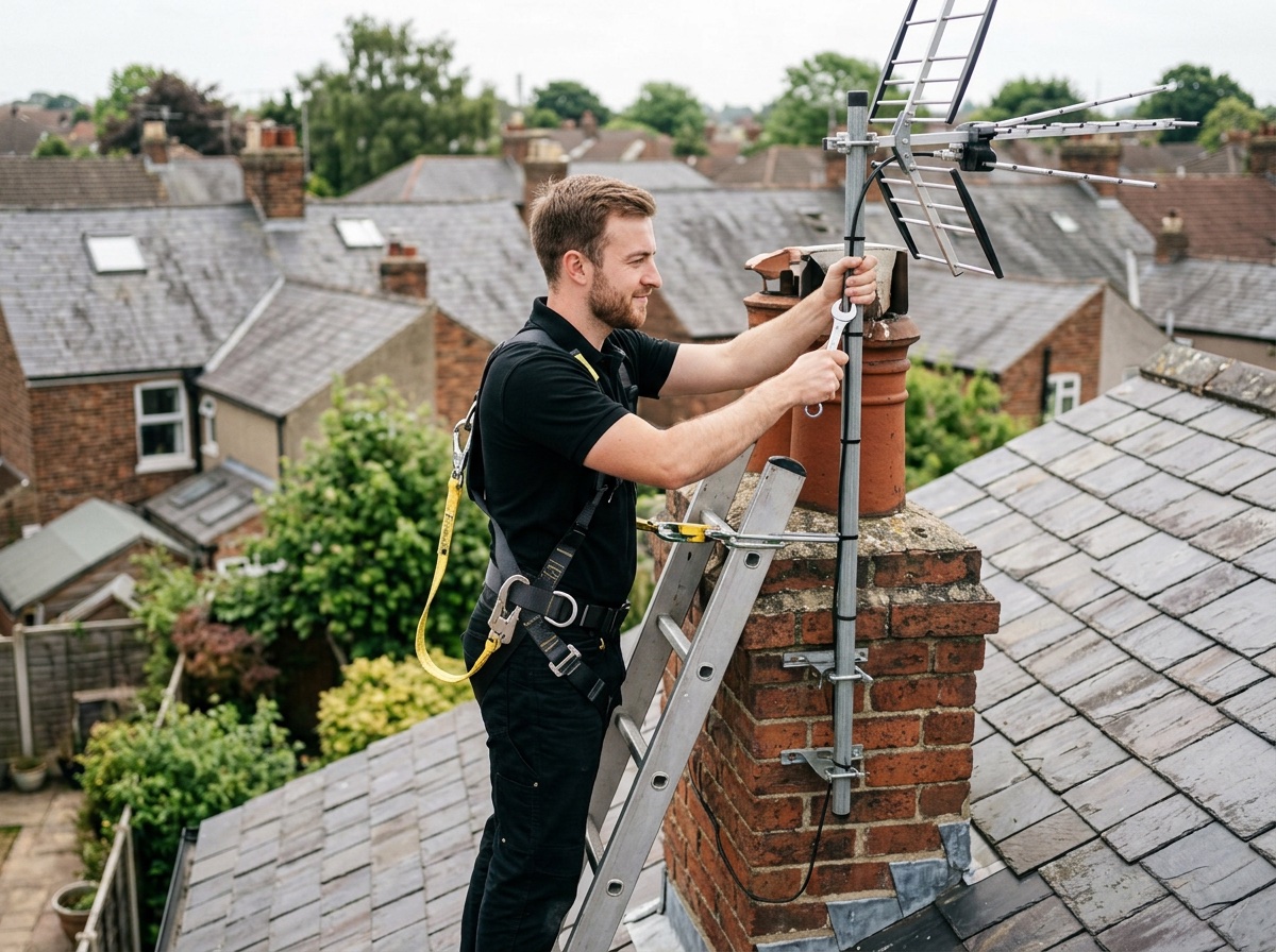 Engineer fitting a TV aerial to a chimney