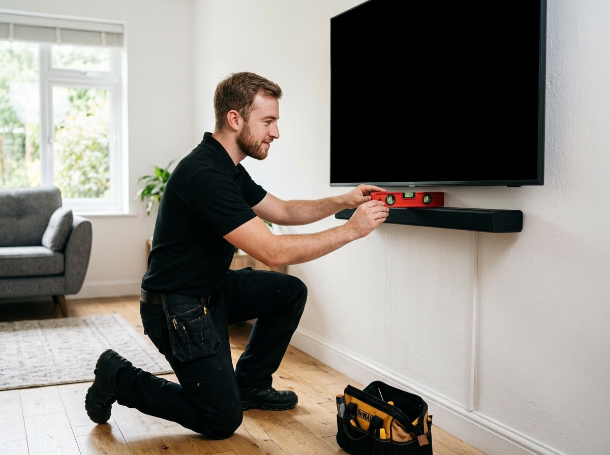 Engineer levelling a soundbar under a wall mounted TV