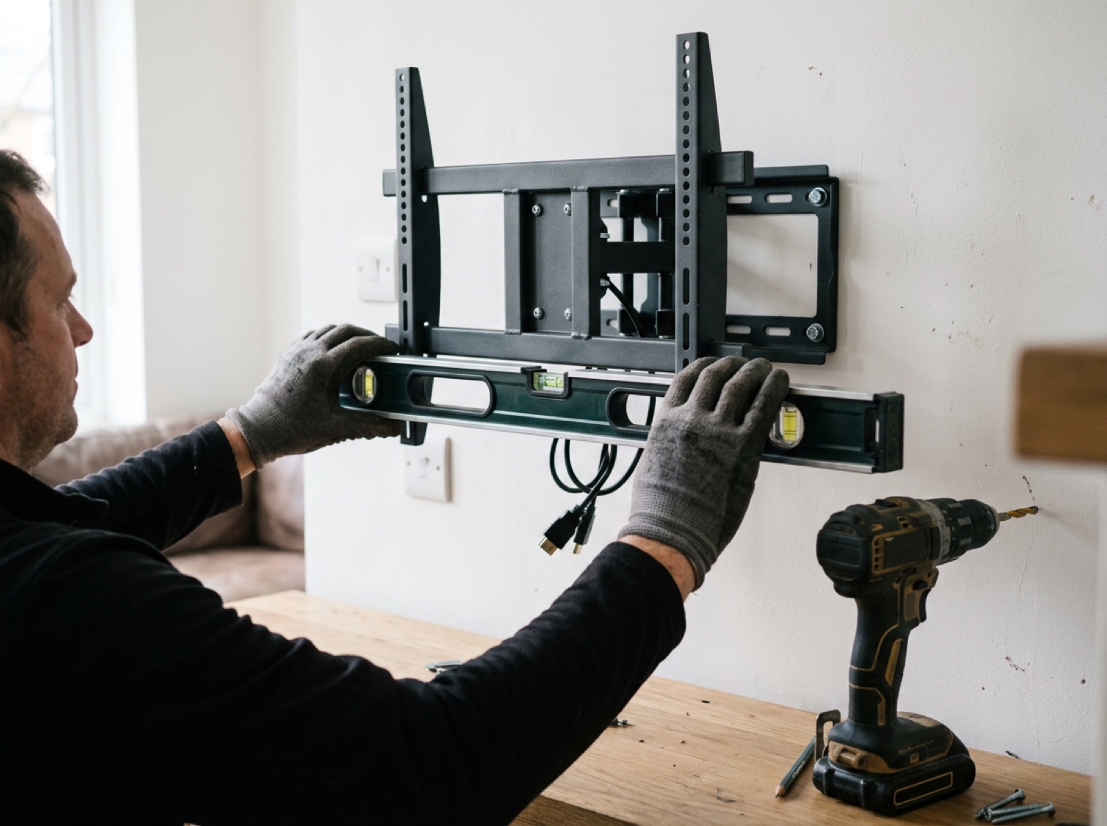 TV wall bracket being levelled before the TV is mounted