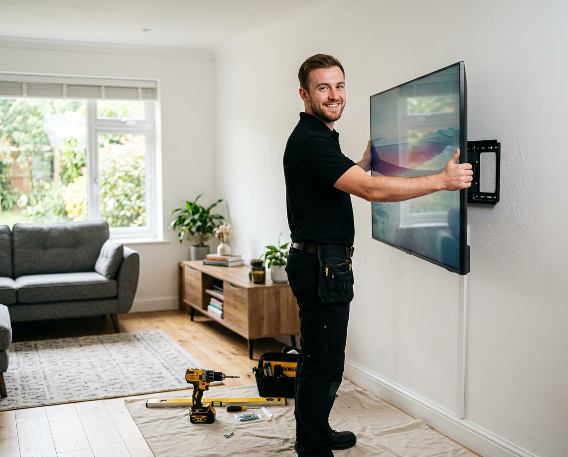 Engineer lifting a TV onto a wall bracket in a living room