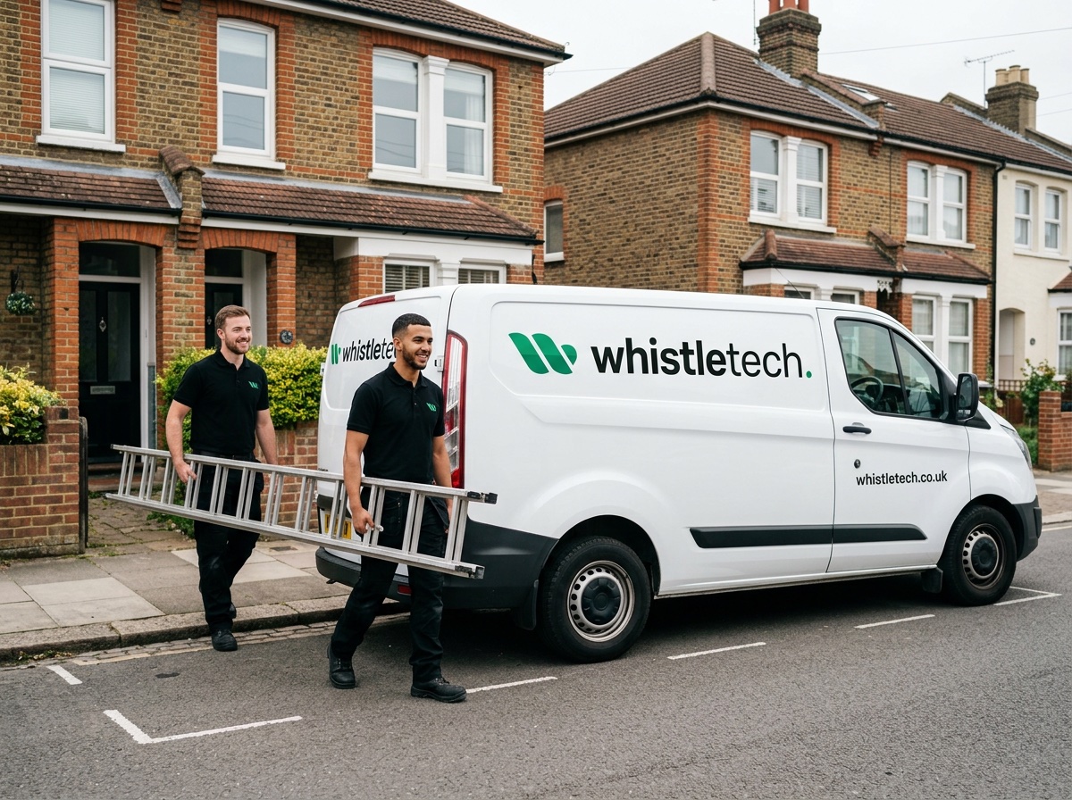 Two engineers in black uniform carrying a ladder from a white WhistleTech van