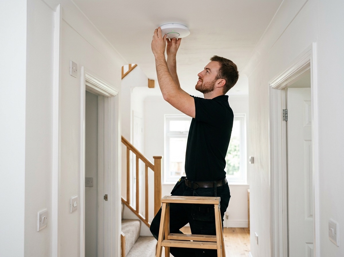 Engineer fitting a Wi-Fi access point to a hallway ceiling